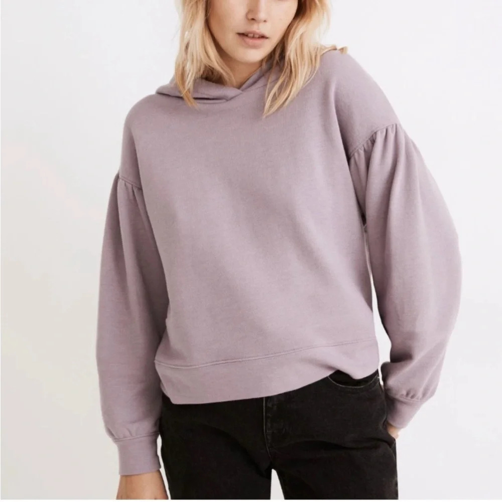 Madewell Lilac Pleat Sleeve Shrunken Hoodie Sweatshirt, M